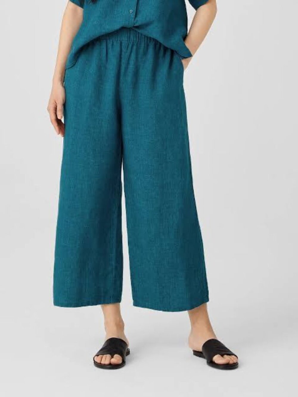 Eileen Fisher 100% Organic Linen Wide Leg Elastic Waist Pocket Pants Teal M